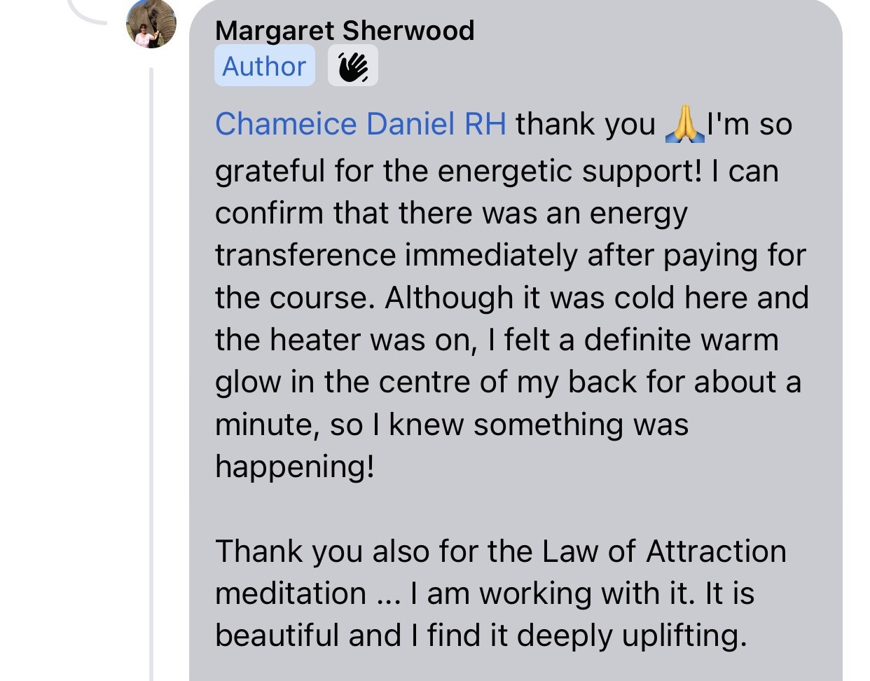 I'm so grateful for the energetic support! I can confirm that there was an energy transference immediately after paying for the course. 
Although it was cold here and the heater was on, I felt a definite warm glow in the centre of my back for about a minute, so I knew something was happening!
Thank you also for the Law of Attraction meditation… I am working with it. It is beautiful and I find it deeply uplifting.